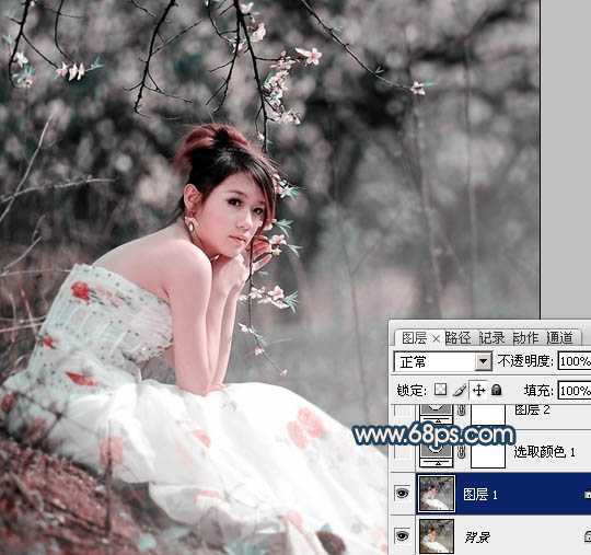 ‘Photoshop为外景美女图片调制出甜美的古典暗青色‘