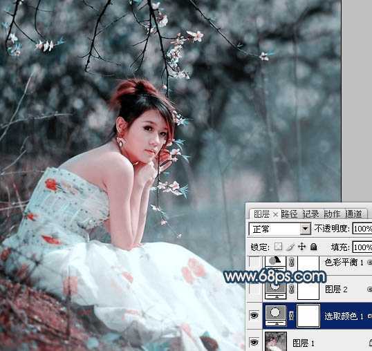 ‘Photoshop为外景美女图片调制出甜美的古典暗青色‘
