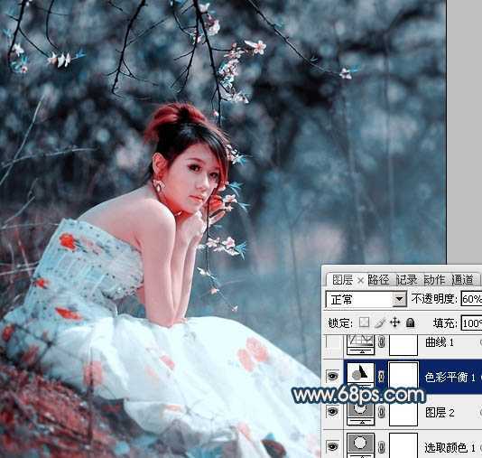 ‘Photoshop为外景美女图片调制出甜美的古典暗青色‘