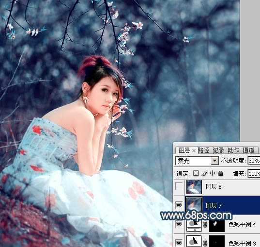 ‘Photoshop为外景美女图片调制出甜美的古典暗青色‘