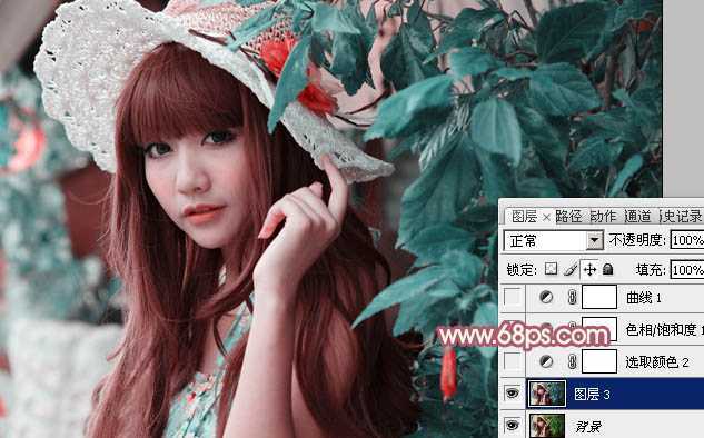 ‘Photoshop将树叶下的美女图片增加上甜美的橙色效果‘