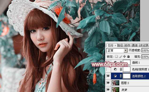 ‘Photoshop将树叶下的美女图片增加上甜美的橙色效果‘