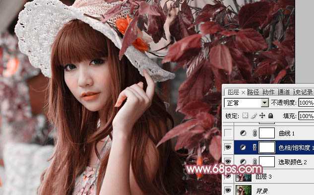 ‘Photoshop将树叶下的美女图片增加上甜美的橙色效果‘