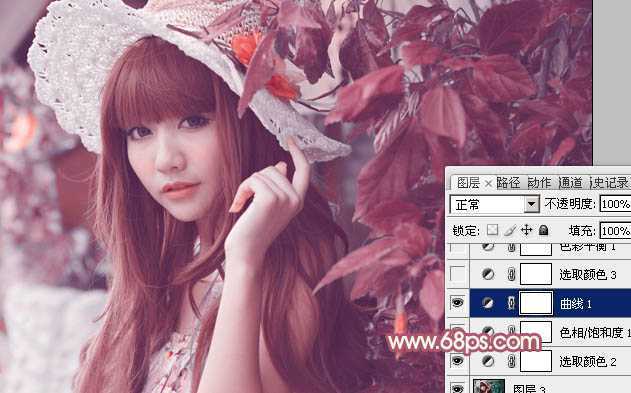 ‘Photoshop将树叶下的美女图片增加上甜美的橙色效果‘