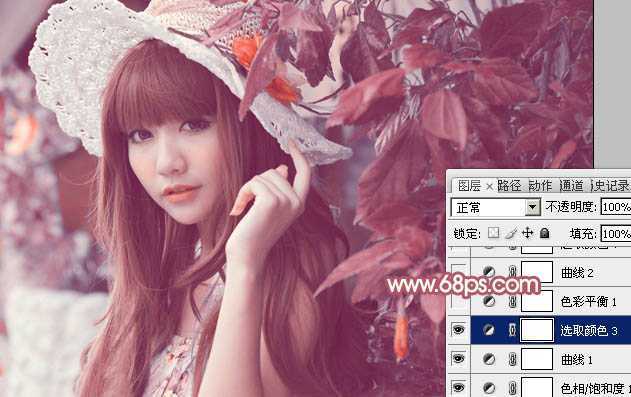‘Photoshop将树叶下的美女图片增加上甜美的橙色效果‘
