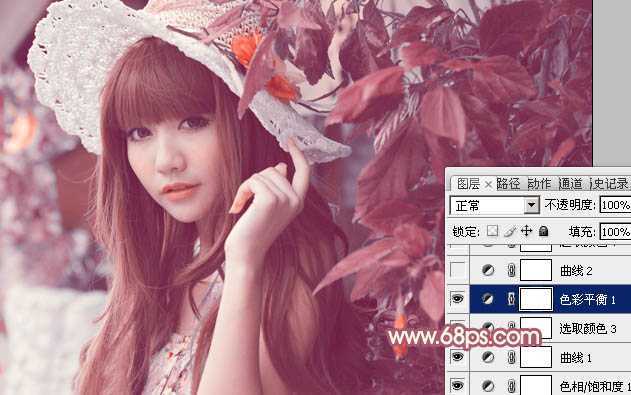 ‘Photoshop将树叶下的美女图片增加上甜美的橙色效果‘