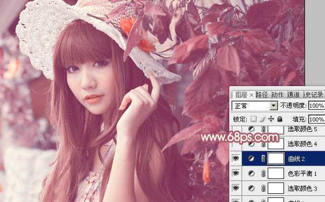 ‘Photoshop将树叶下的美女图片增加上甜美的橙色效果‘