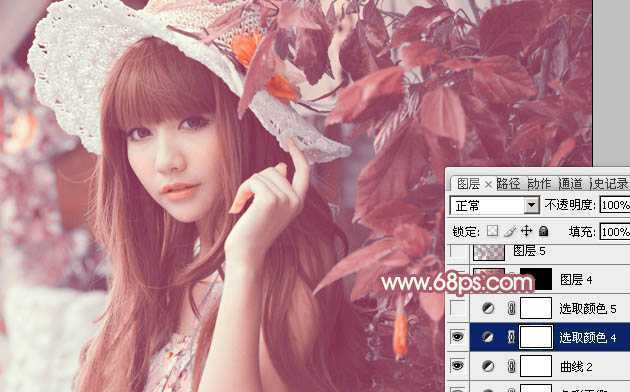 ‘Photoshop将树叶下的美女图片增加上甜美的橙色效果‘