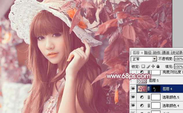 ‘Photoshop将树叶下的美女图片增加上甜美的橙色效果‘