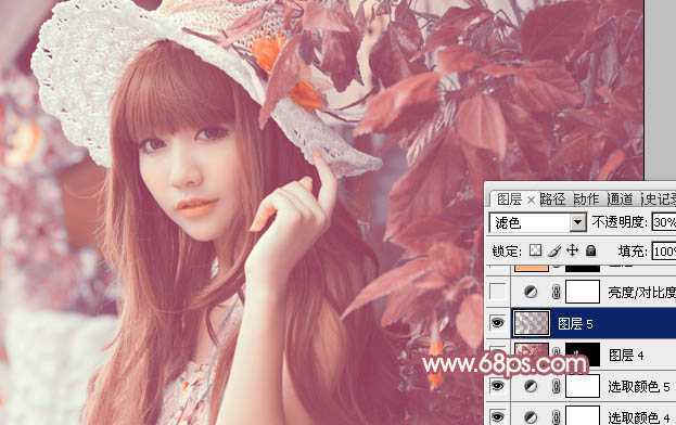 ‘Photoshop将树叶下的美女图片增加上甜美的橙色效果‘