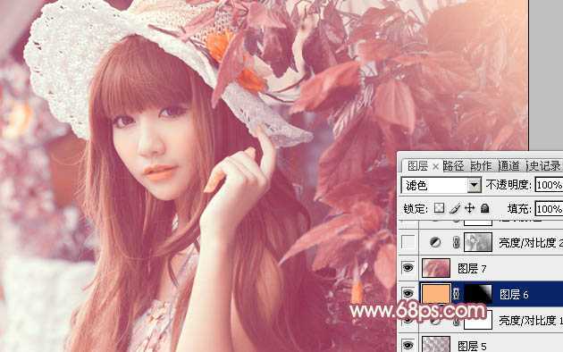 ‘Photoshop将树叶下的美女图片增加上甜美的橙色效果‘