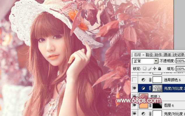 ‘Photoshop将树叶下的美女图片增加上甜美的橙色效果‘