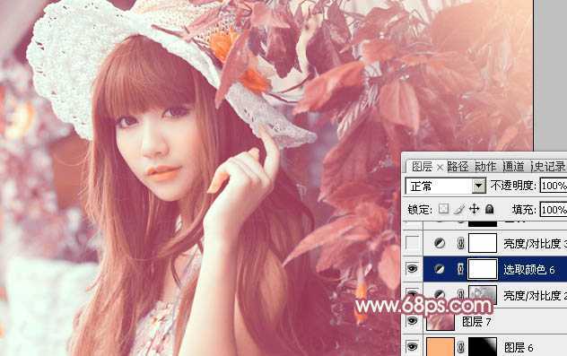 ‘Photoshop将树叶下的美女图片增加上甜美的橙色效果‘