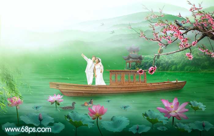 ‘Photoshop合成打造出唯美的春季游湖婚片‘