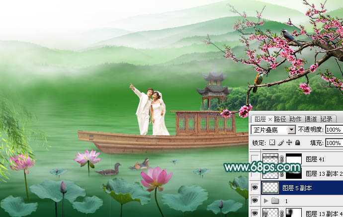 ‘Photoshop合成打造出唯美的春季游湖婚片‘