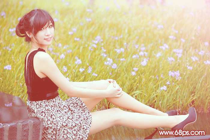 ‘Photoshop为草地上的美女加上小清新的粉黄色‘