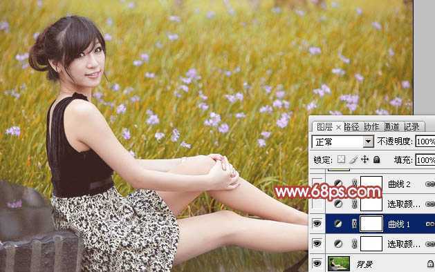 ‘Photoshop为草地上的美女加上小清新的粉黄色‘