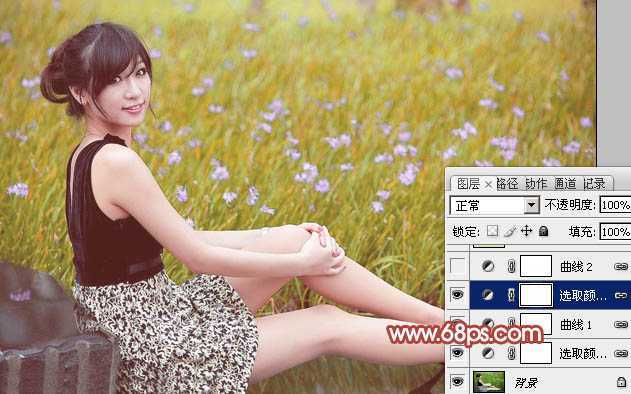 ‘Photoshop为草地上的美女加上小清新的粉黄色‘