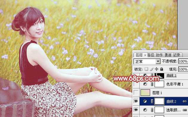‘Photoshop为草地上的美女加上小清新的粉黄色‘