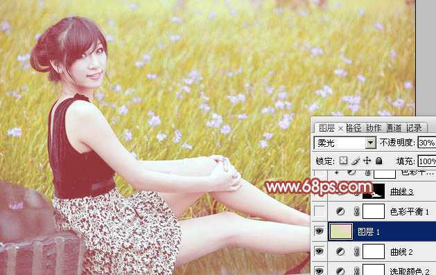 ‘Photoshop为草地上的美女加上小清新的粉黄色‘