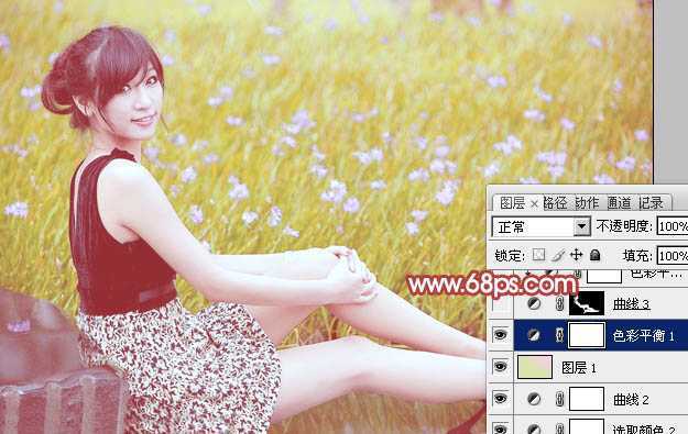 ‘Photoshop为草地上的美女加上小清新的粉黄色‘