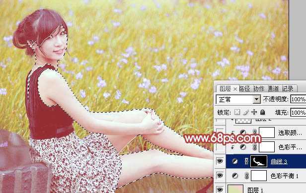 ‘Photoshop为草地上的美女加上小清新的粉黄色‘