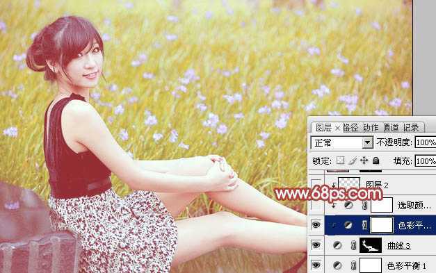 ‘Photoshop为草地上的美女加上小清新的粉黄色‘