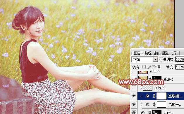 ‘Photoshop为草地上的美女加上小清新的粉黄色‘