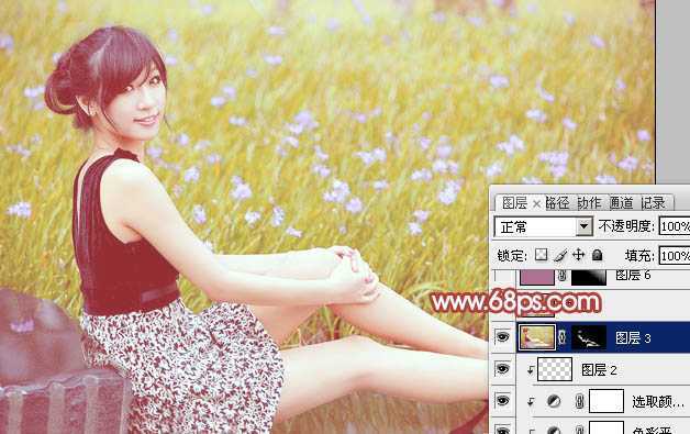 ‘Photoshop为草地上的美女加上小清新的粉黄色‘