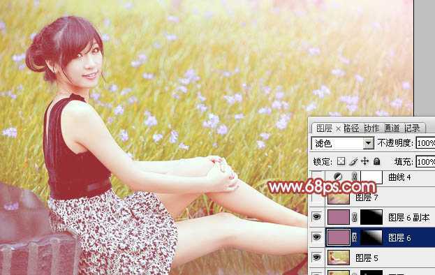 ‘Photoshop为草地上的美女加上小清新的粉黄色‘