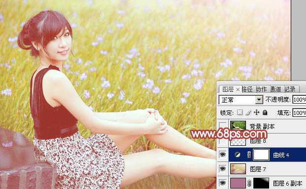 ‘Photoshop为草地上的美女加上小清新的粉黄色‘