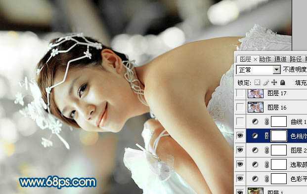 ‘Photoshop下将偏暗外景婚片调成甜美的蓝红色‘
