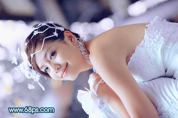 ‘Photoshop下将偏暗外景婚片调成甜美的蓝红色‘