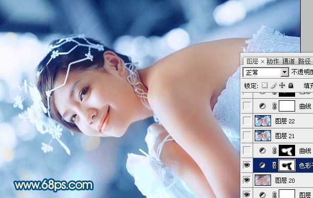 ‘Photoshop下将偏暗外景婚片调成甜美的蓝红色‘