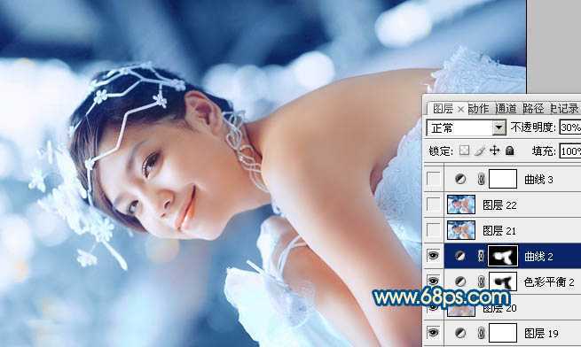 ‘Photoshop下将偏暗外景婚片调成甜美的蓝红色‘