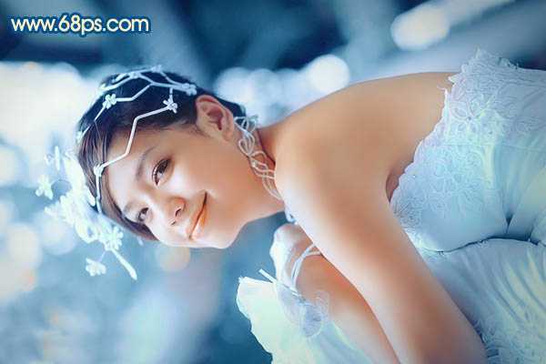 ‘Photoshop下将偏暗外景婚片调成甜美的蓝红色‘