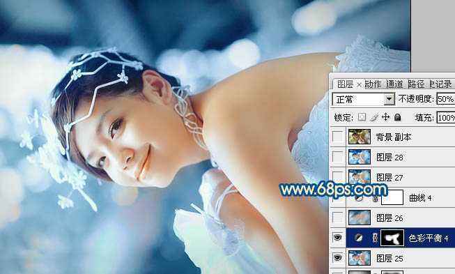 ‘Photoshop下将偏暗外景婚片调成甜美的蓝红色‘
