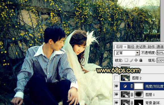 ‘Photoshop制作淡雅的青黄色外景婚片‘