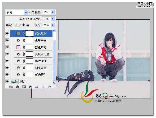 ‘photoshop将人物图片用可选颜色和纯色填充制作颓废的暗红色调效果‘