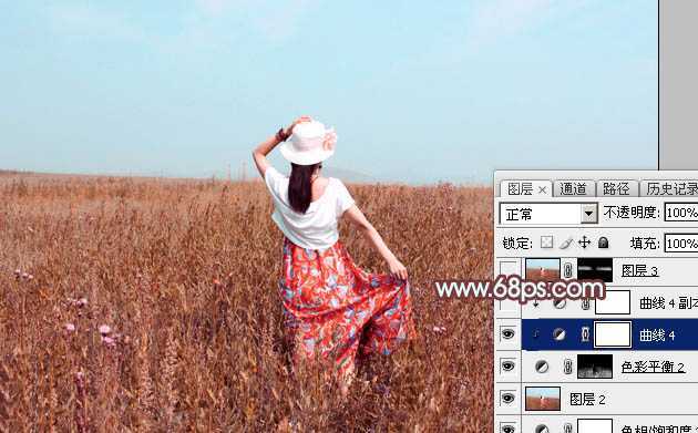 ‘Photoshop为荒草中的美女加上唯美的秋季红褐色‘