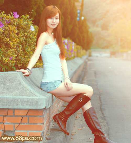 ‘Photoshop为花坛边美女调制出非常柔和的阳光暖色效果‘