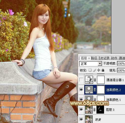 ‘Photoshop为花坛边美女调制出非常柔和的阳光暖色效果‘