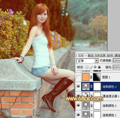 ‘Photoshop为花坛边美女调制出非常柔和的阳光暖色效果‘