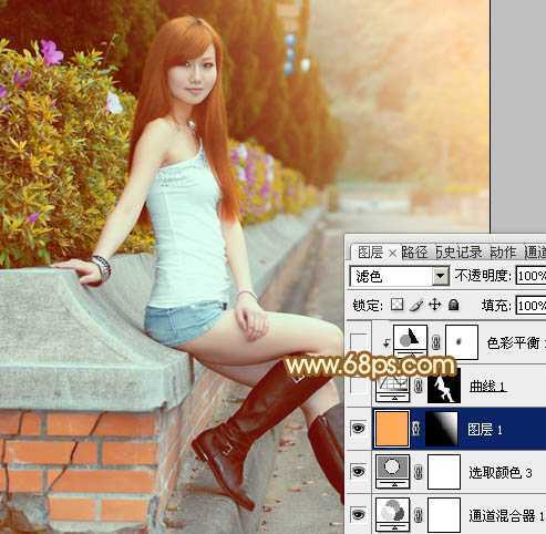‘Photoshop为花坛边美女调制出非常柔和的阳光暖色效果‘