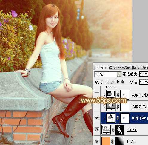 ‘Photoshop为花坛边美女调制出非常柔和的阳光暖色效果‘