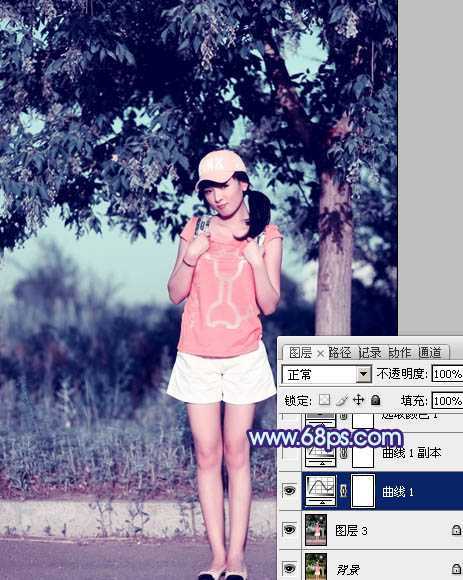 ‘Photoshop为外景美女图片增加上流行的韩系粉蓝色效果‘