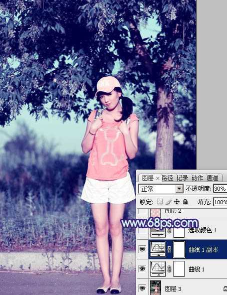 ‘Photoshop为外景美女图片增加上流行的韩系粉蓝色效果‘
