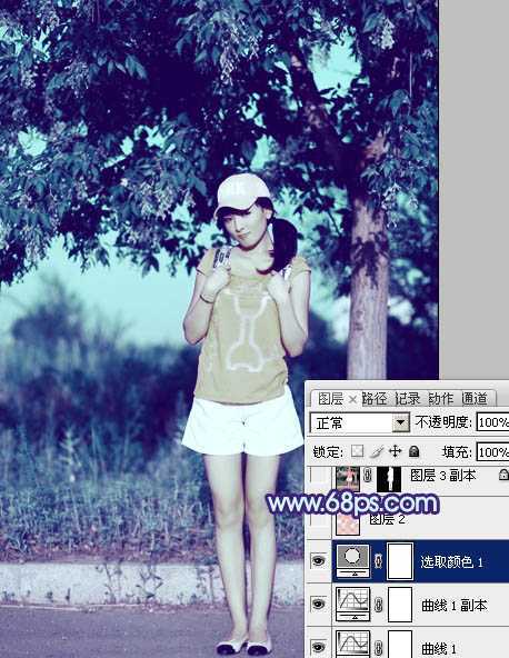 ‘Photoshop为外景美女图片增加上流行的韩系粉蓝色效果‘