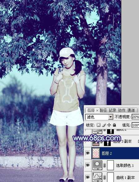 ‘Photoshop为外景美女图片增加上流行的韩系粉蓝色效果‘