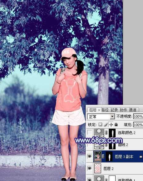 ‘Photoshop为外景美女图片增加上流行的韩系粉蓝色效果‘